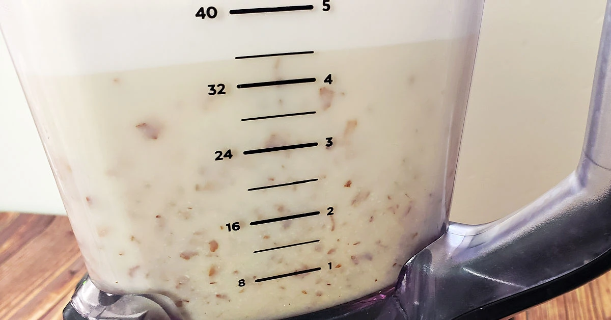 Blended almond milk ingredients before straining.