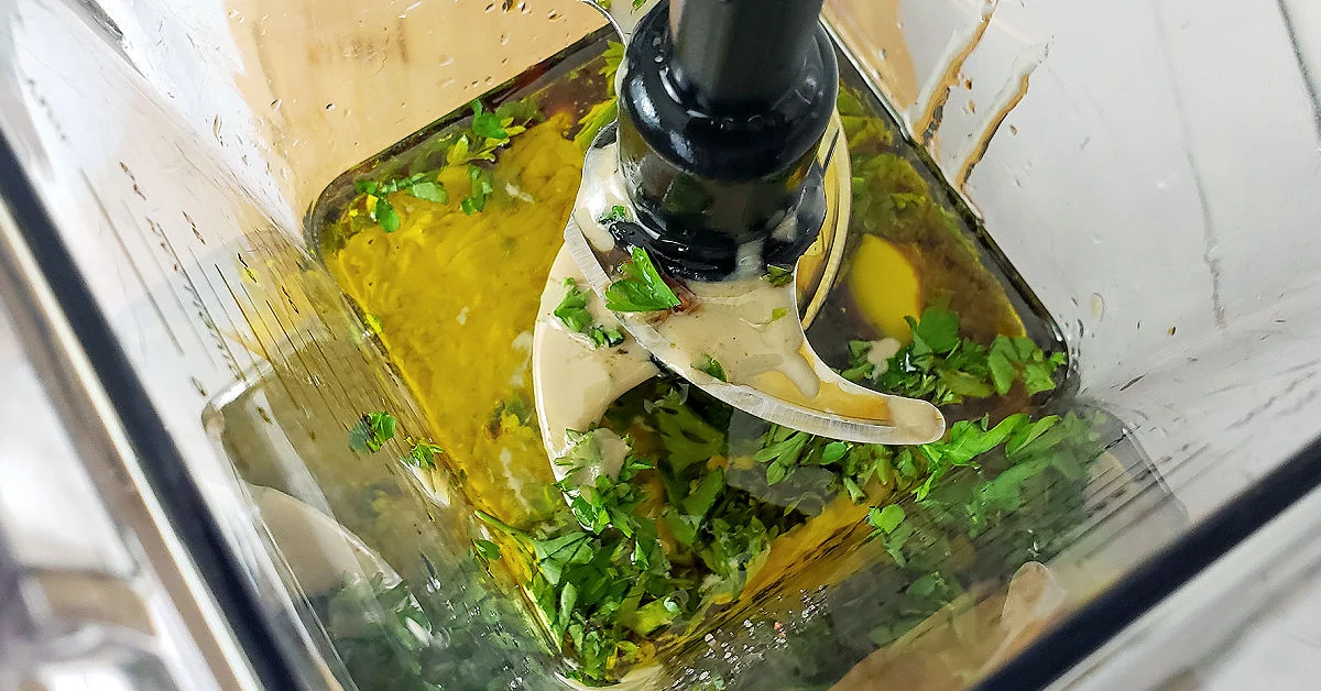 Tahini Salad Dressing Ingredients in blender.