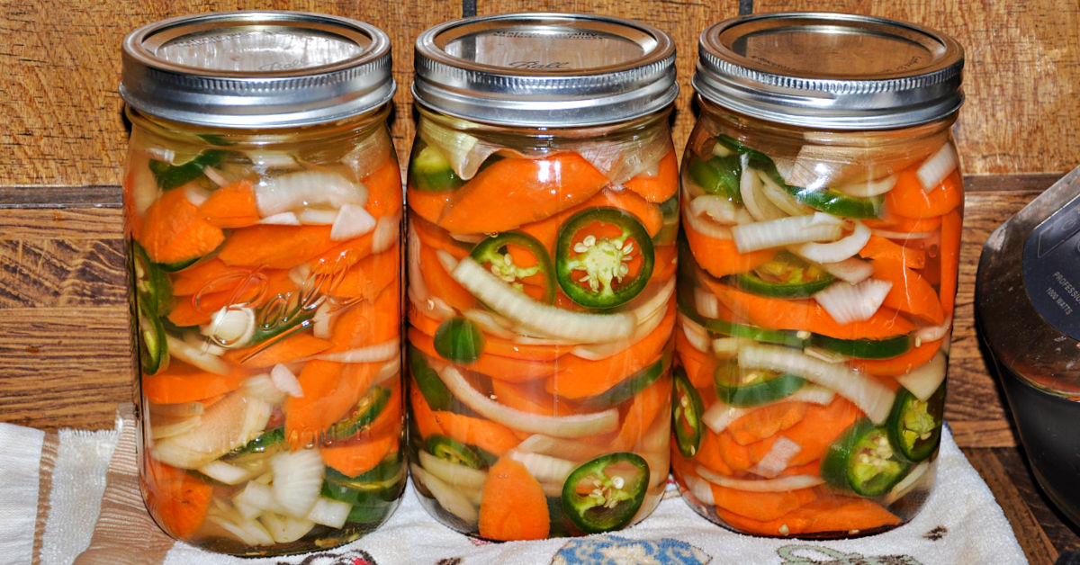 Sealed jars of spicy carrots fermenting on the counter