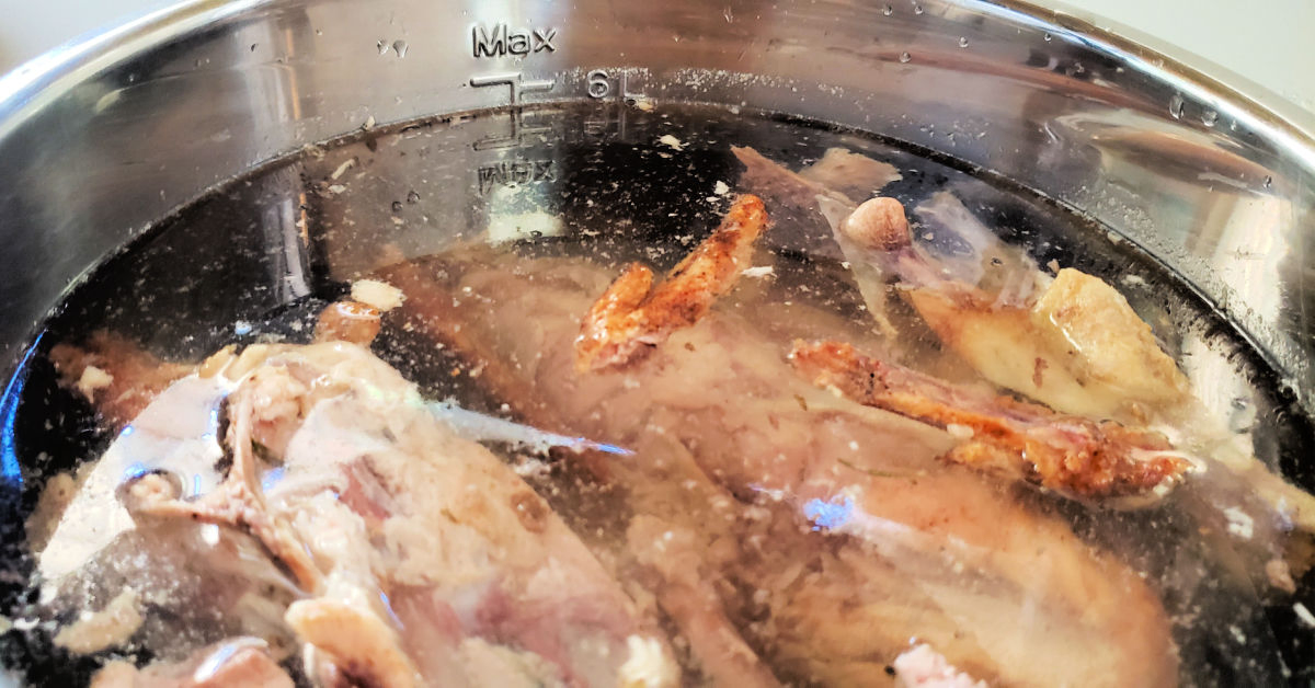 Chicken carcasses with water filled to the Max line in Instant Pot.