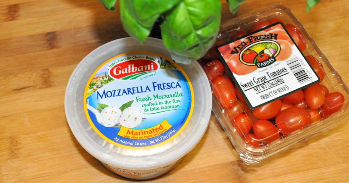 Fresh mozzarella, grape tomatoes and fresh basil.