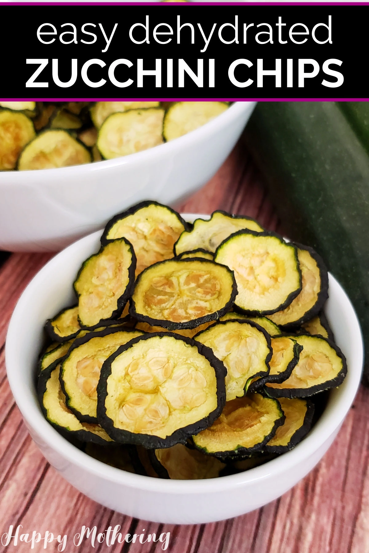 Dehydrated zucchini chips served in white bowl as snack.