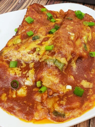 Two cheese chicken enchiladas on white plate and garnished with green onions.
