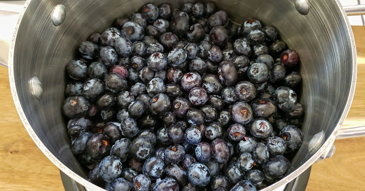 Fresh blueberries and water in saucepan.