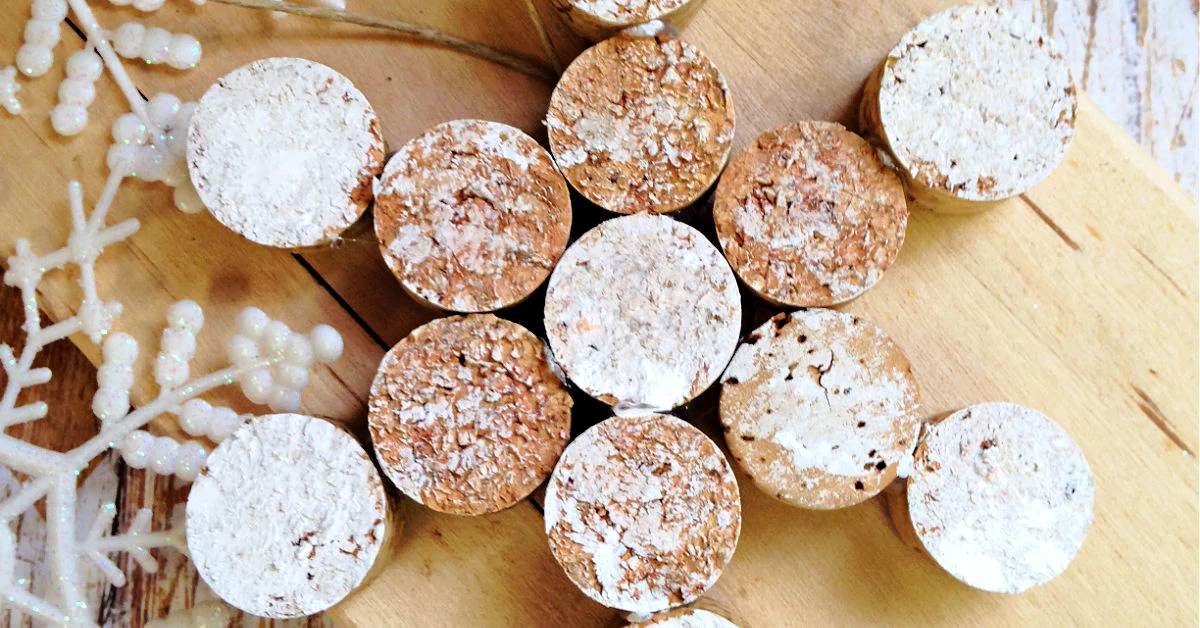 Close up of a snowflake ornament made out of old wine corks.