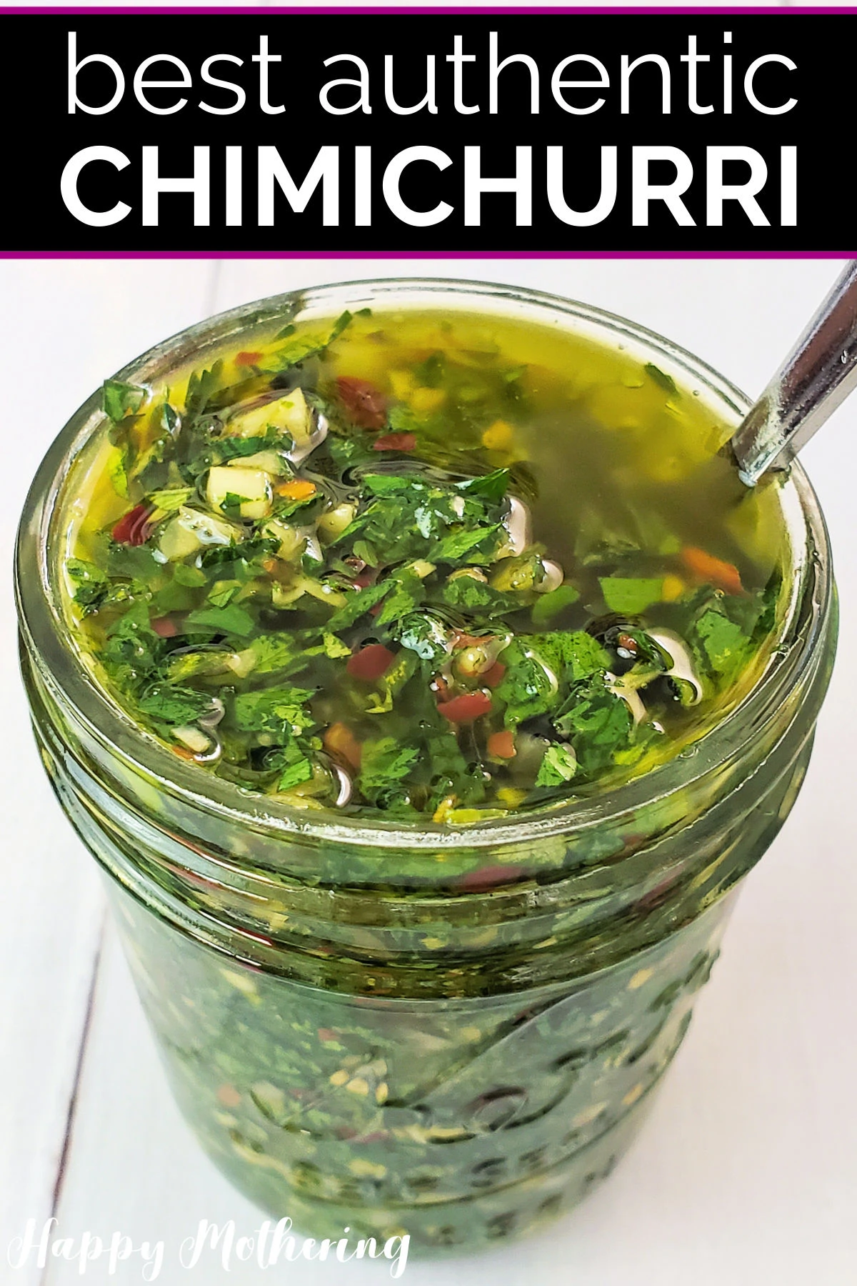 Chimichurri sauce in pint sized mason jar with spoon for serving