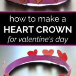 Side and overhead views of a pink and purple paper heart crown for Valentine's Day