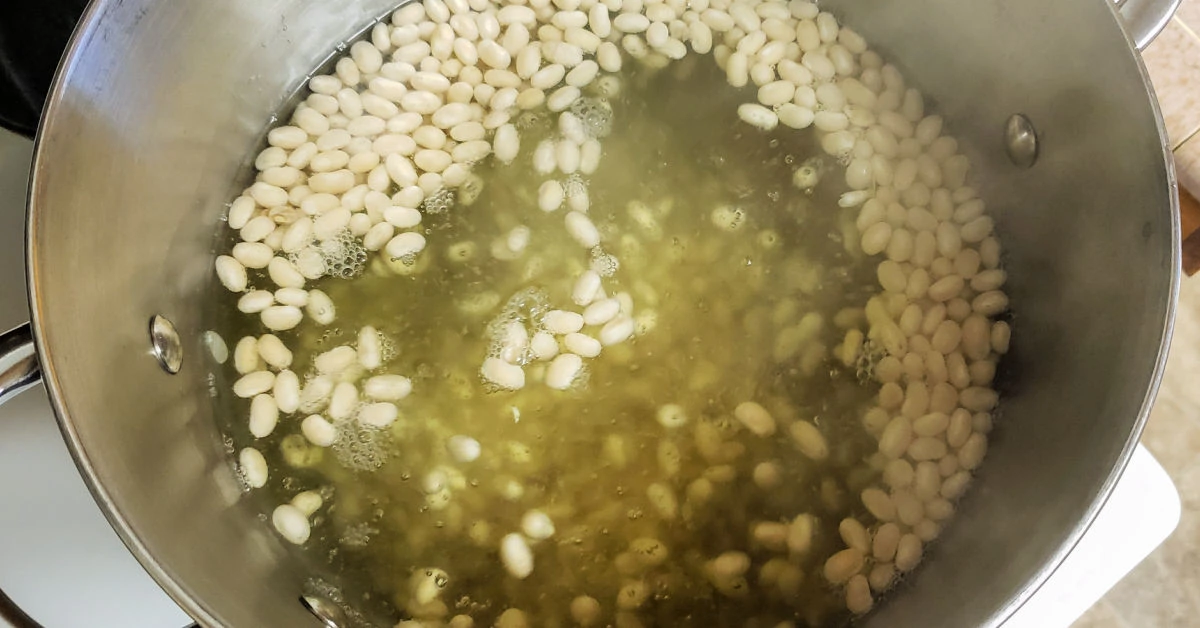 Navy beans boiling in a large stainless steel stockpot.
