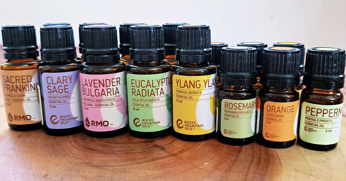 A variety of oils from Rocky Mountain Essential Oils.