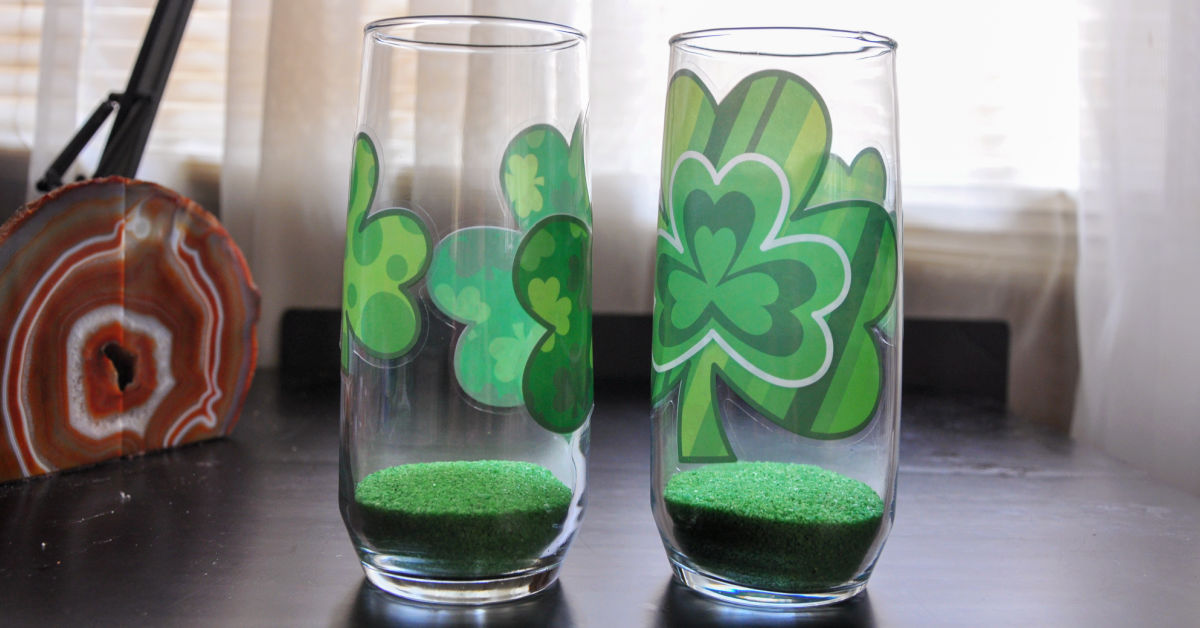Shamrocks applied to the glasses with green sand