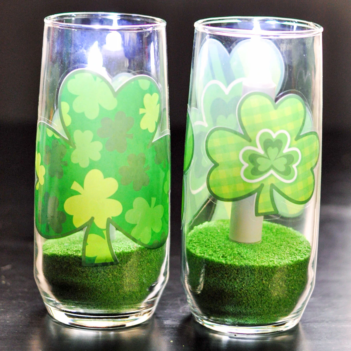 Close up of finished Shamrock Flameless Candles for St. Patrick's Day