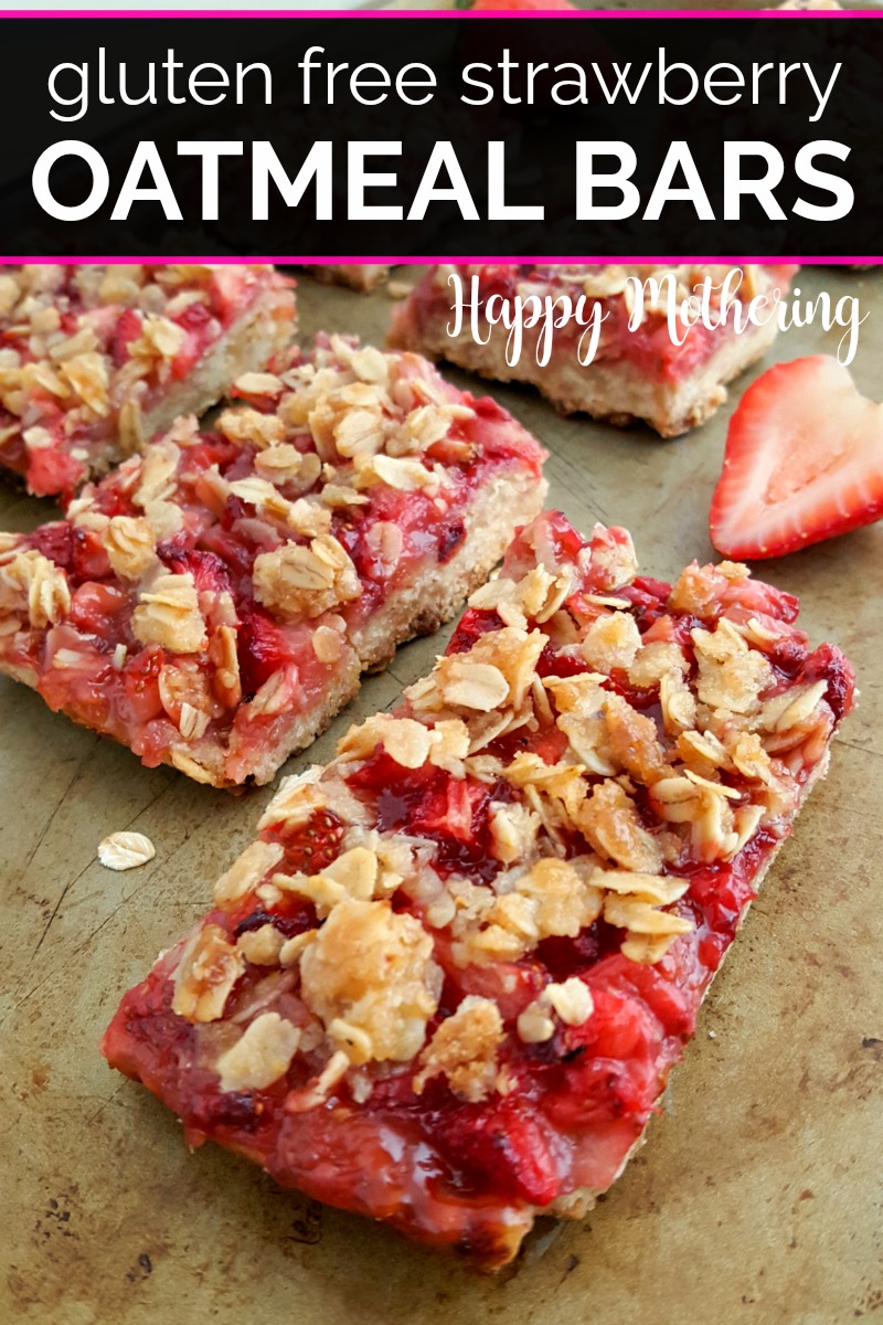 Gluten free strawberry oatmeal bars on a discolored cookie sheet