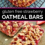 Strawberry oatmeal bars on a cooling rack before being cut, then the cut bars on a cookie sheet below it