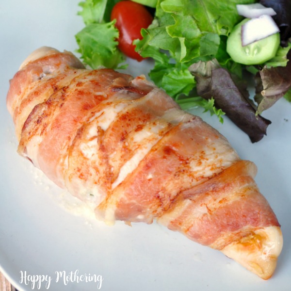 Close up of jalapeno popper stuffed chicken breast wrapped in nitrate free bacon