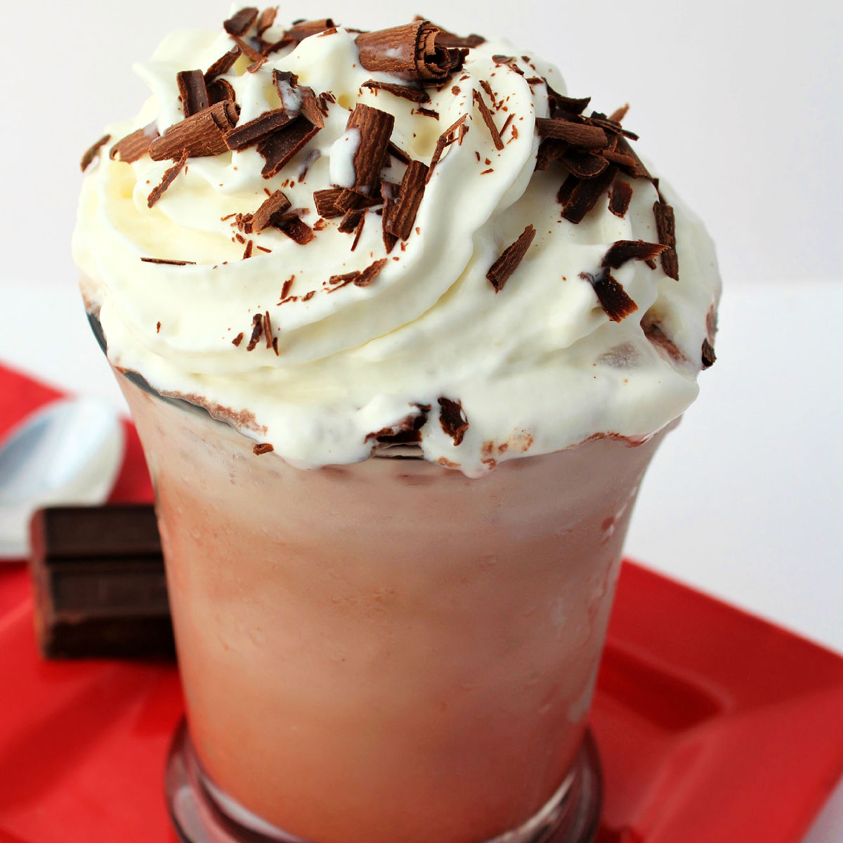 Frozen hot chocolate on red serving platter.