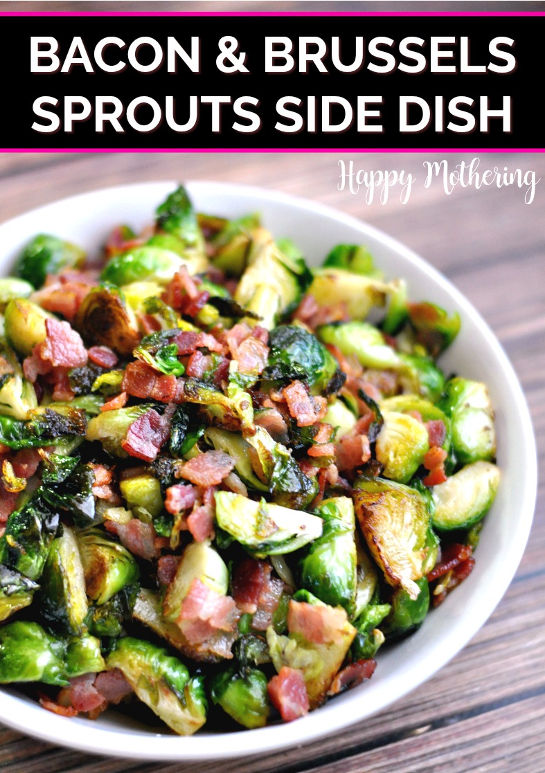 Bacon and Brussels Sprouts Side Dish in white bowl on wood table