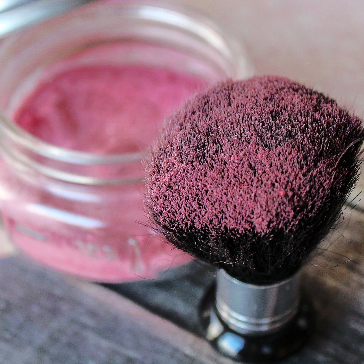 Close up of homemade organic blush made with edible food ingredients