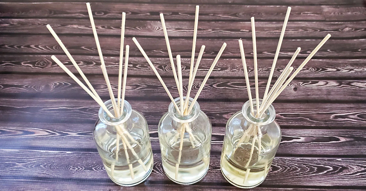 Diffuser reeds added to bottle with essential oil mixture.