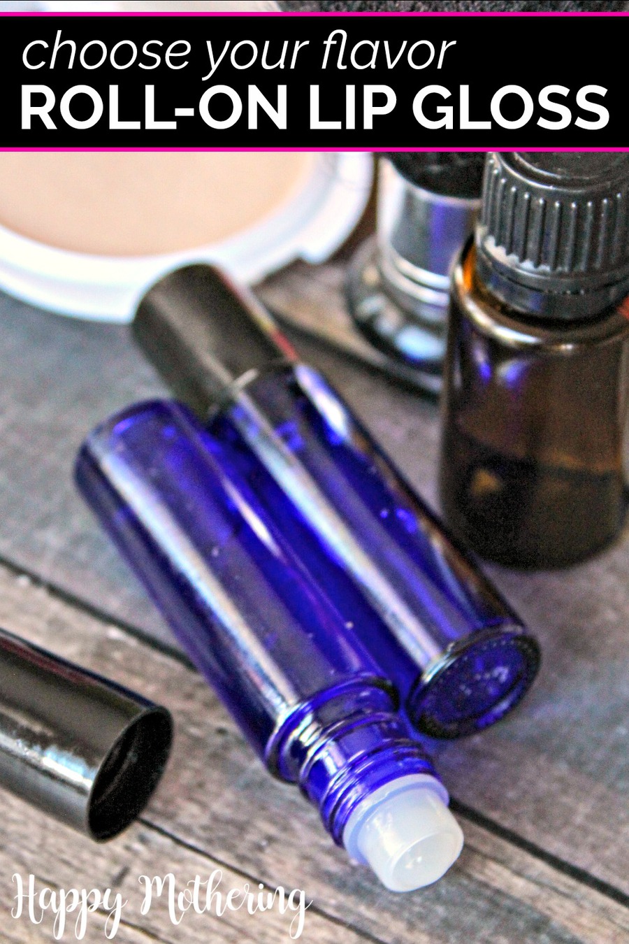 Two blue bottles of roll-on lip gloss