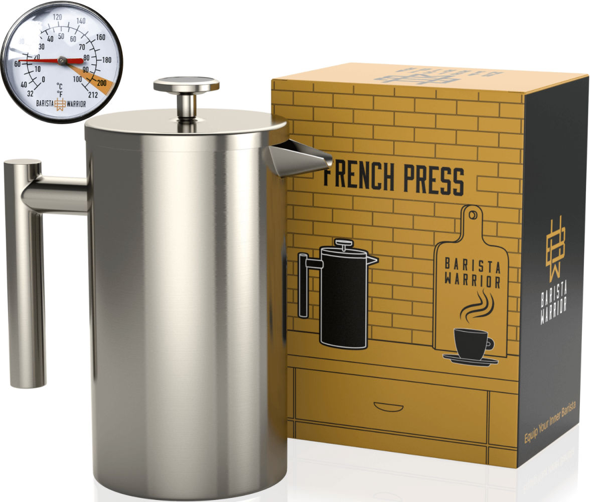 Barista Warrior French Press with built-in thermometer.
