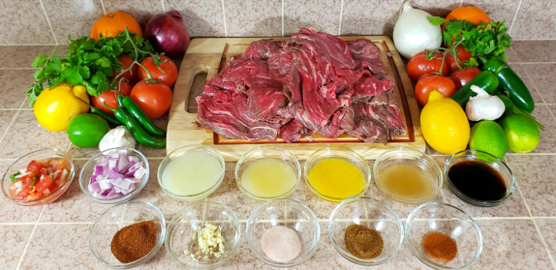 Ingredients to make carne asada steak and marinade.