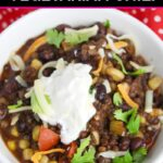 Overhead view of Instant Pot vegetarian chili topped with sour cream