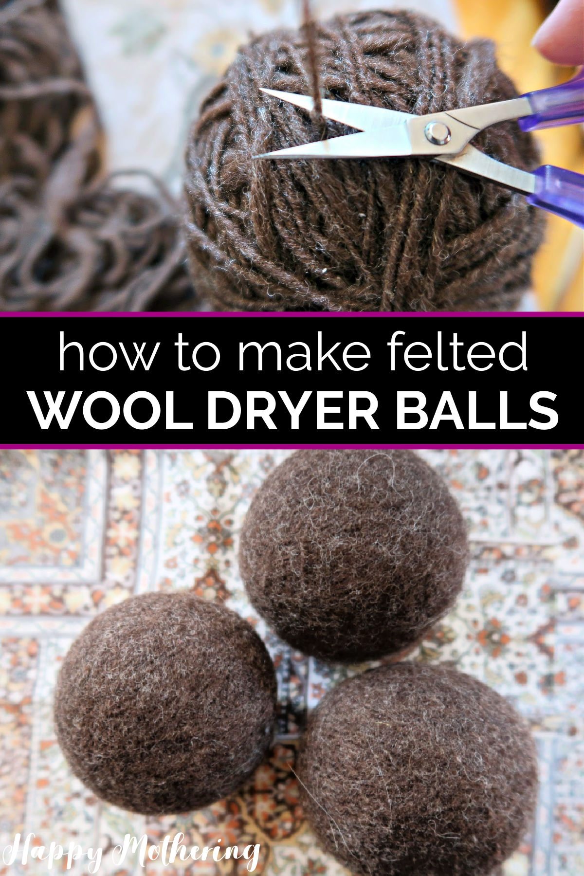 Yarn ball being trimmed off displayed above three fully felted wool dryer balls.