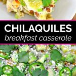 Chicken verde chilaquiles casserole on a plate and in a pan
