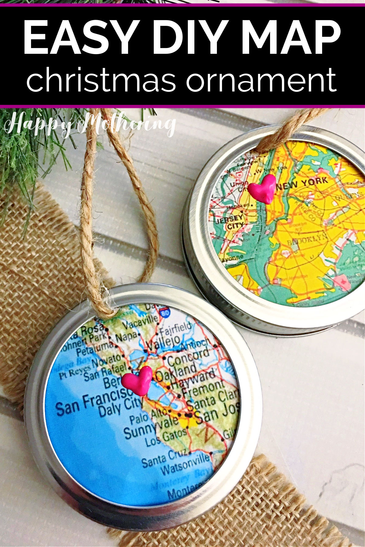Two homemade mason jar ring map ornaments ready to hang on the Christmas tree