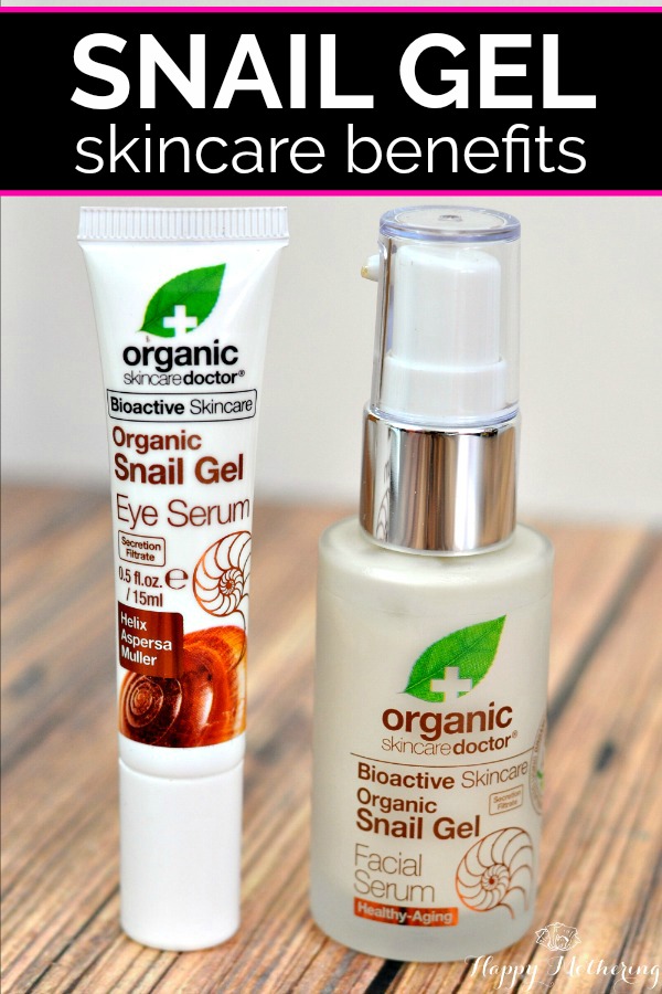 Two skincare products that use snail gel on a brown table with a white wall behind it