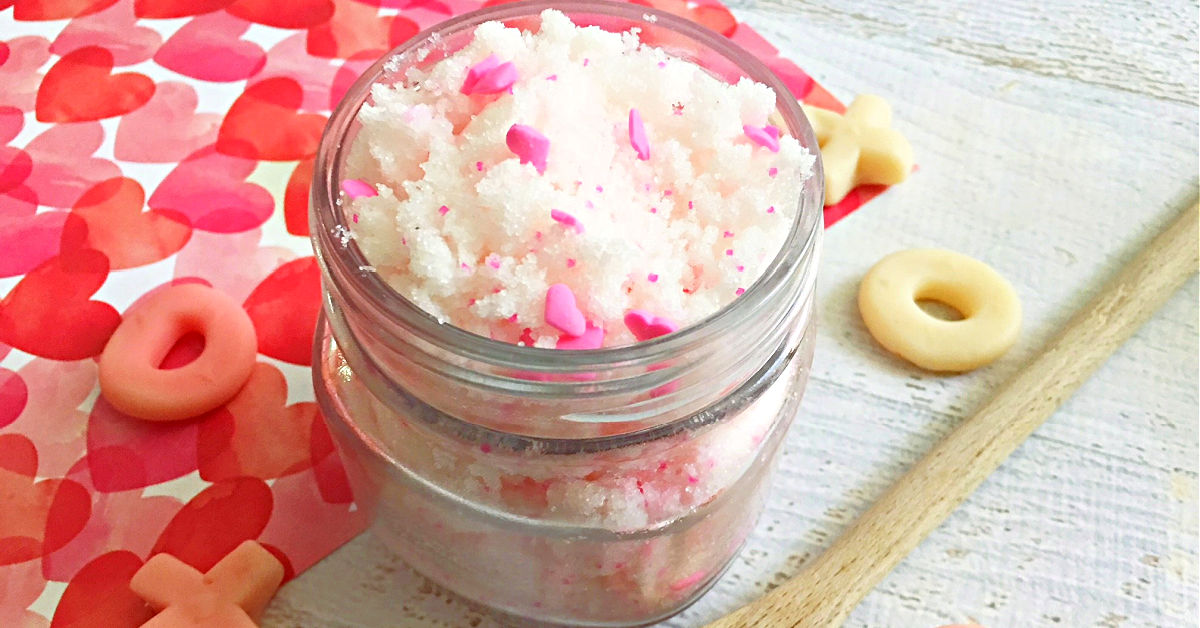 8 ounce glass jar filled with homemade vanilla sugar scrub.