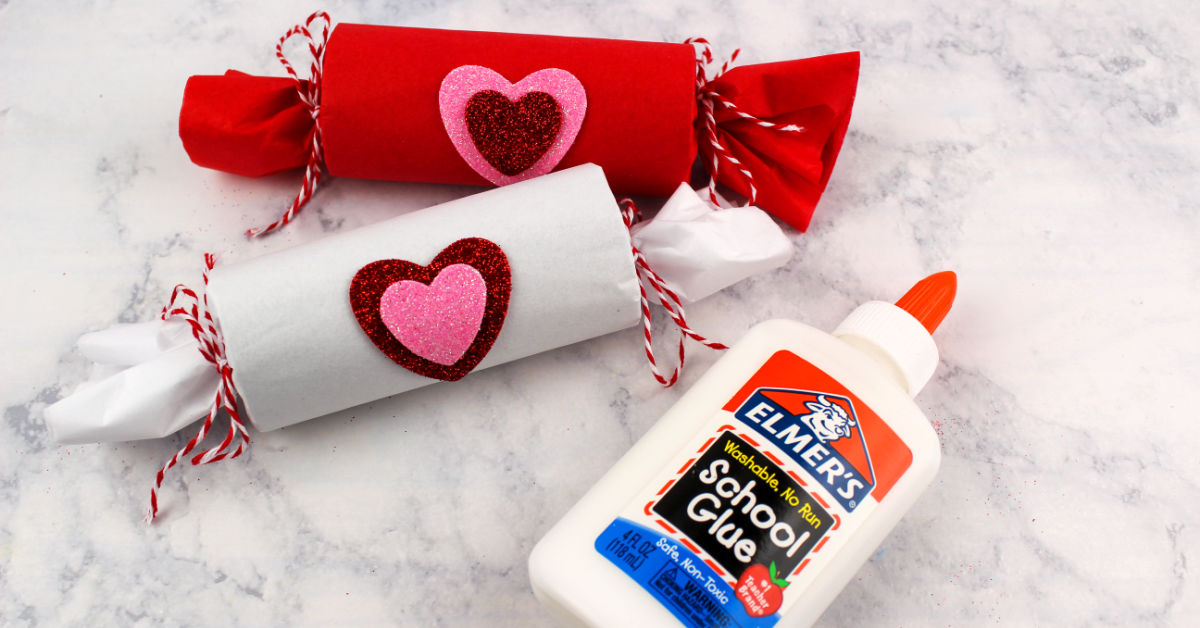 Cute heart stickers added to the finished Valentine's Day Treat poppers. It's such a cute and easy craft for kids.