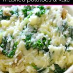 Colcannon (mashed potatoes and kale) in a white ceramic bowl