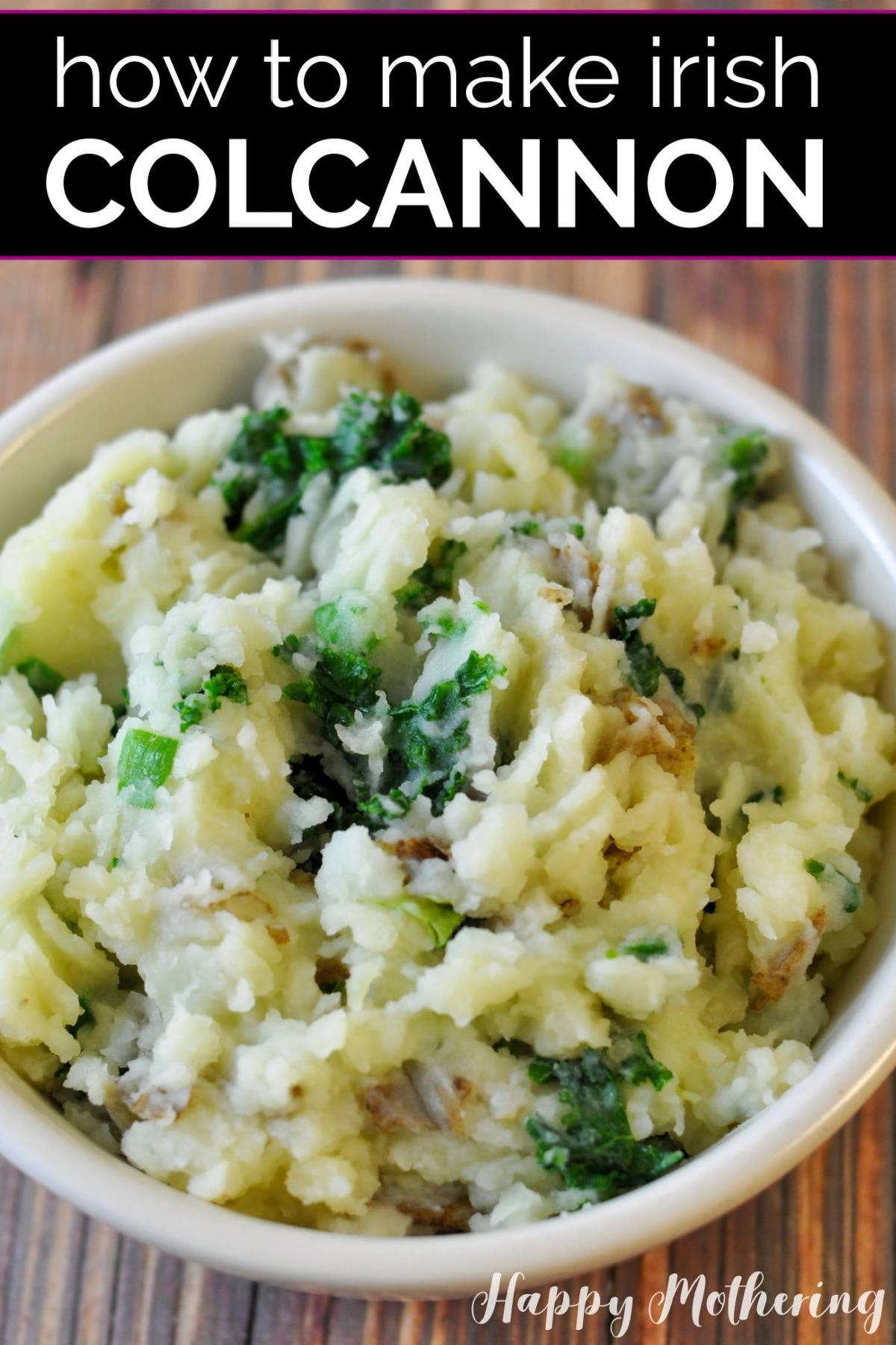 Irish Colcannon in a white bowl on a brown wood table