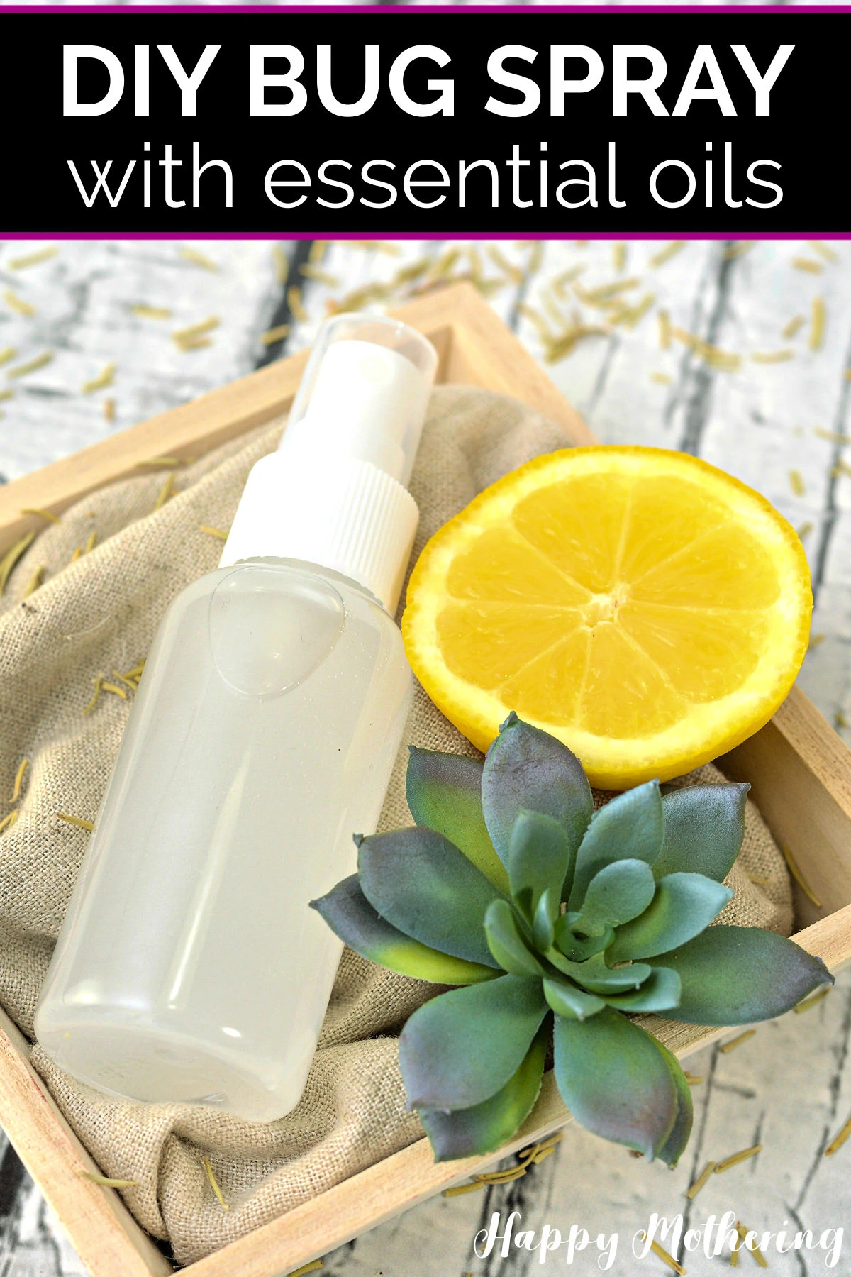 Spray bottle of homemade essential oil bug spray in pretty wood crate with lemon slice and green succulent plant