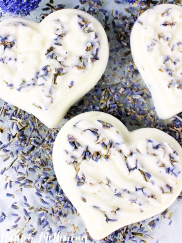 Three solid lotion bars with lots of dried lavender petals