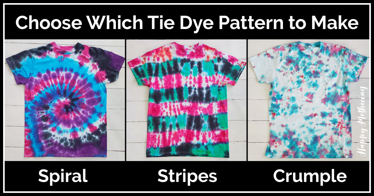 Spiral, Stripes and Crumple pattern tie dye shirts.
