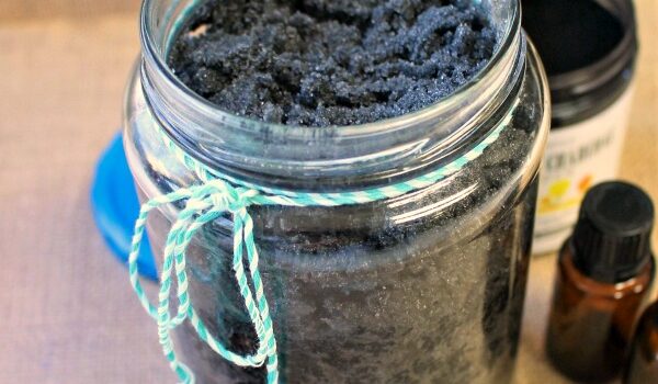 Glass jar of charcoal salt scrub