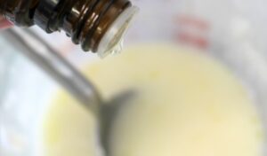 Stir essential oils into the shea butter melt and pour soap