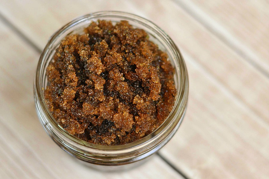 Brightening hand scrub in a small mason jar.