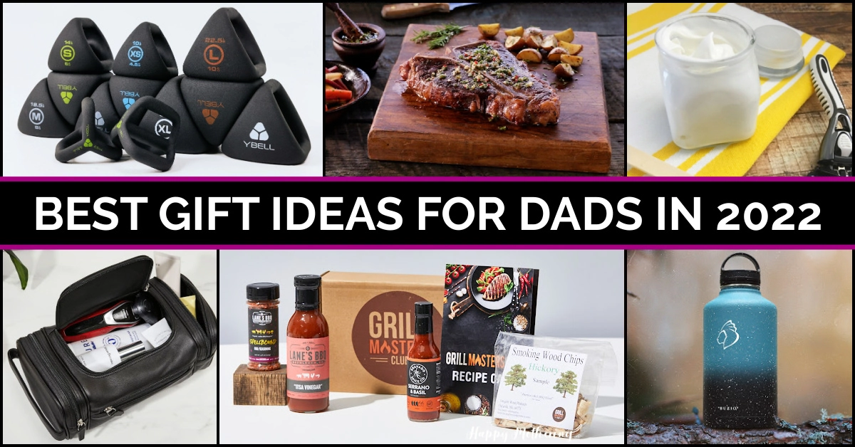 Collage of gifts for dads like weights, dopp kit, barbecue subscription box, water bottle, shaving cream and steak.