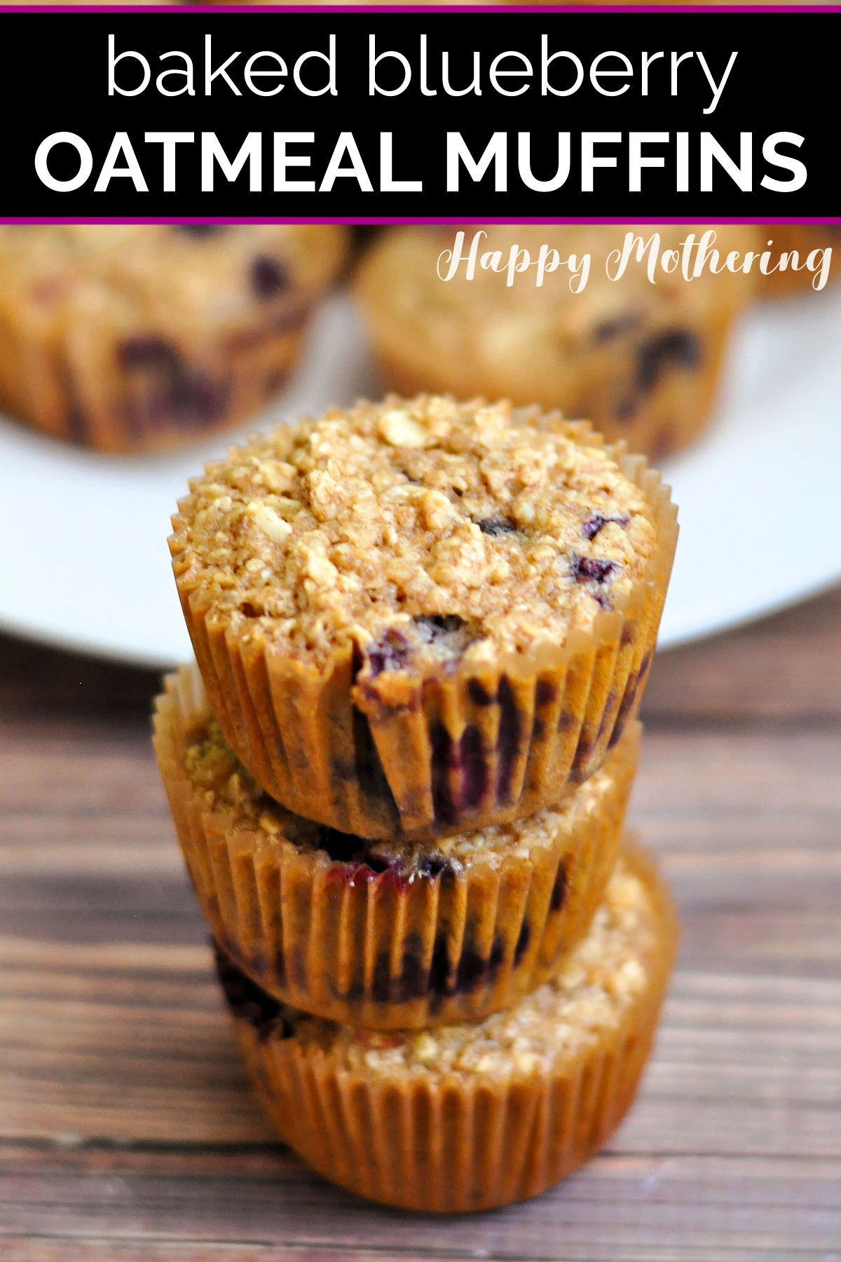 Three Blueberry Baked Oatmeal Muffins stacked up in front of the muffin pan