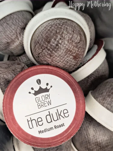 Glory Brew "The Duke" compostable coffee pods in vacuum sealed bag.