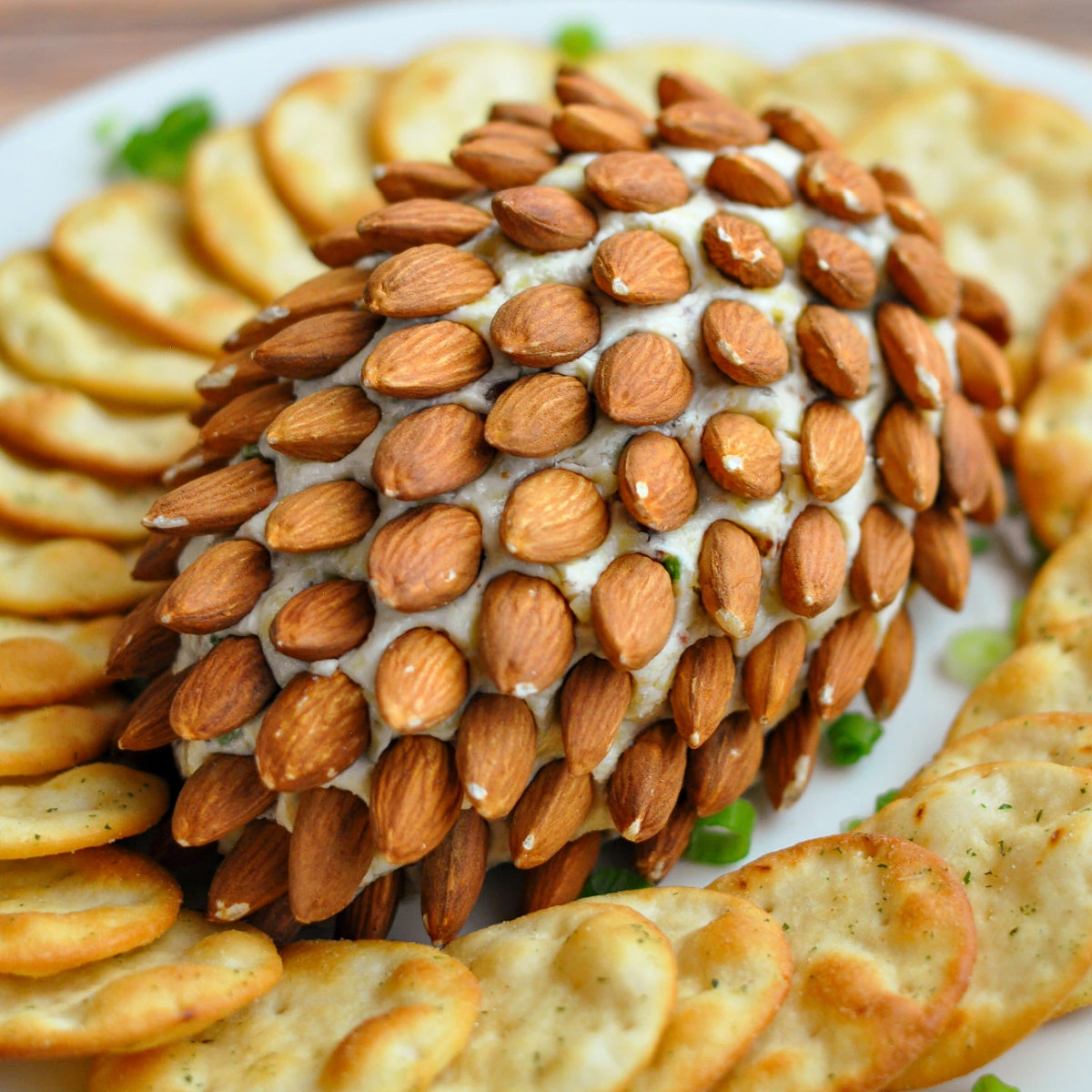 Pinecone shaped cheeseball with bacon ranch filling and almond coating.