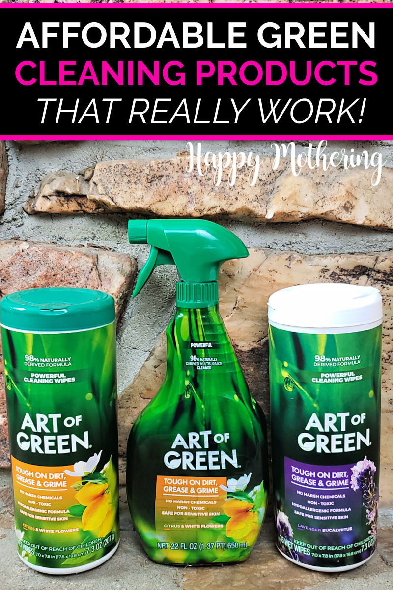 Two containers of Art of Green Cleaning Wipes next to a bottle of all purpose cleaner on the fireplace
