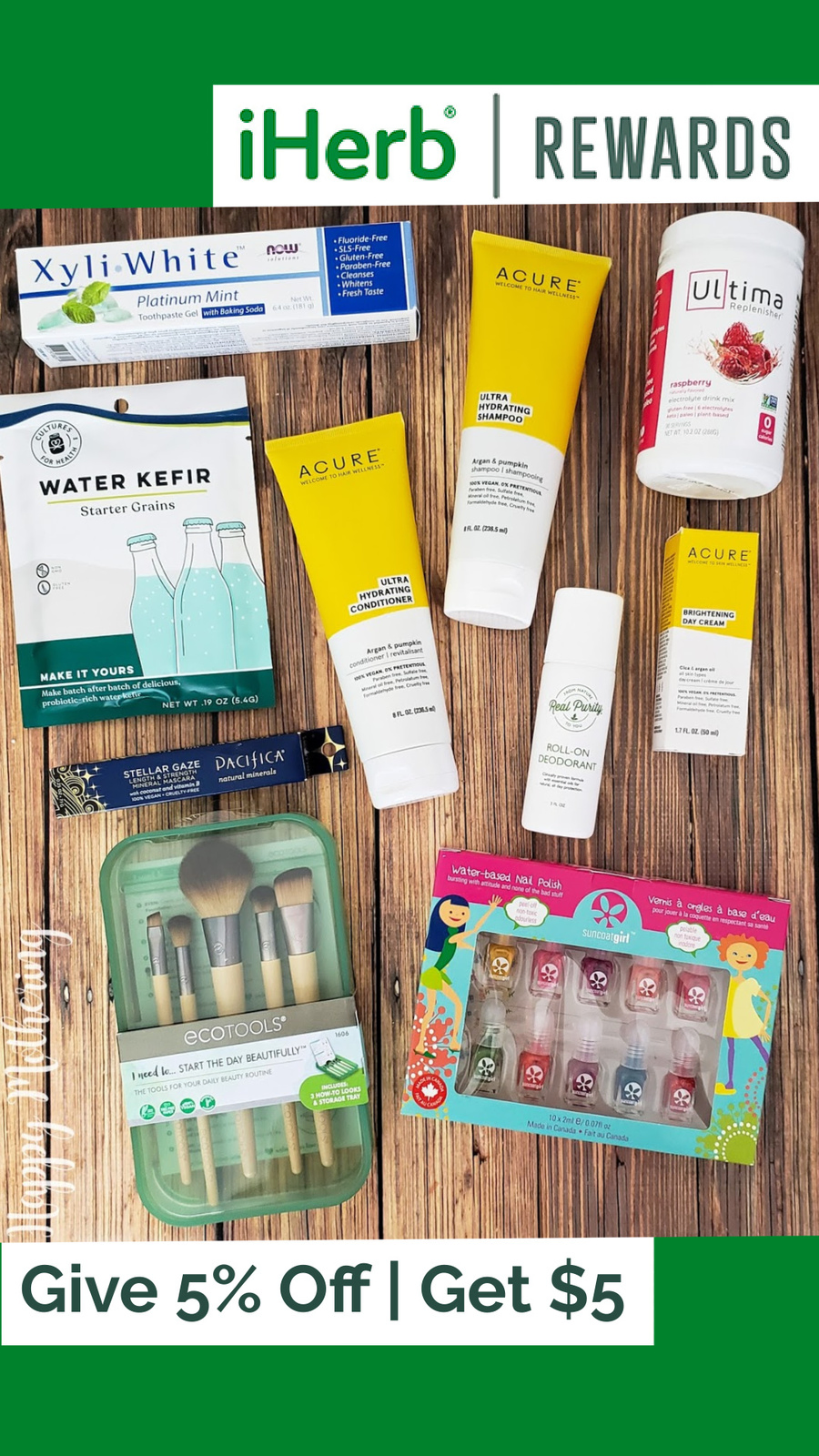 Overhead view of products purchased on the iHerb website with iHerb rewards logo and the words "Give 5% off, Get $5" printed on a green background.