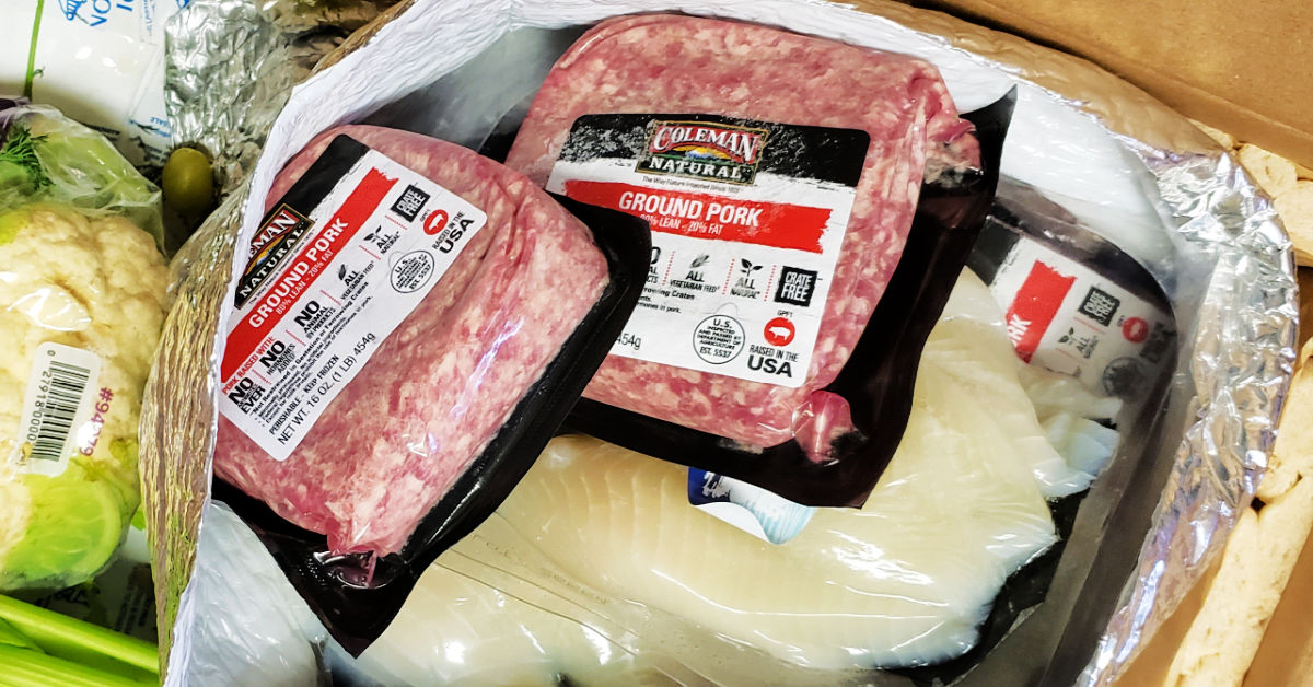 Ground pork and tilapia is a cooler bag in a shipping box.