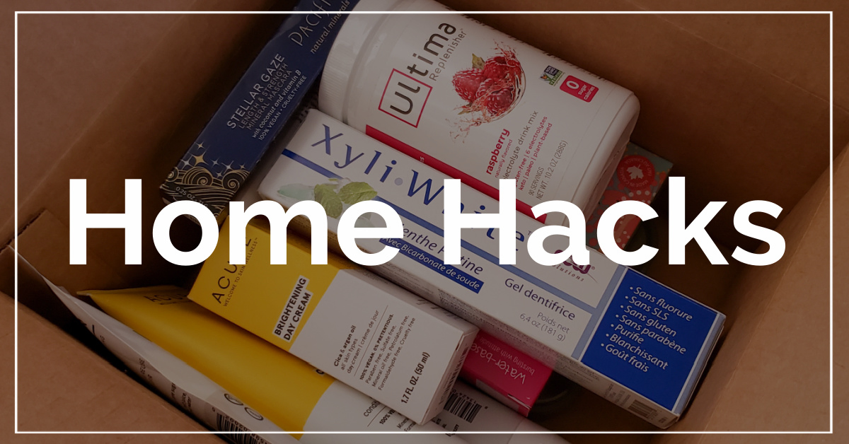 Home Hacks category. With a background of box of personal care products ordered online.