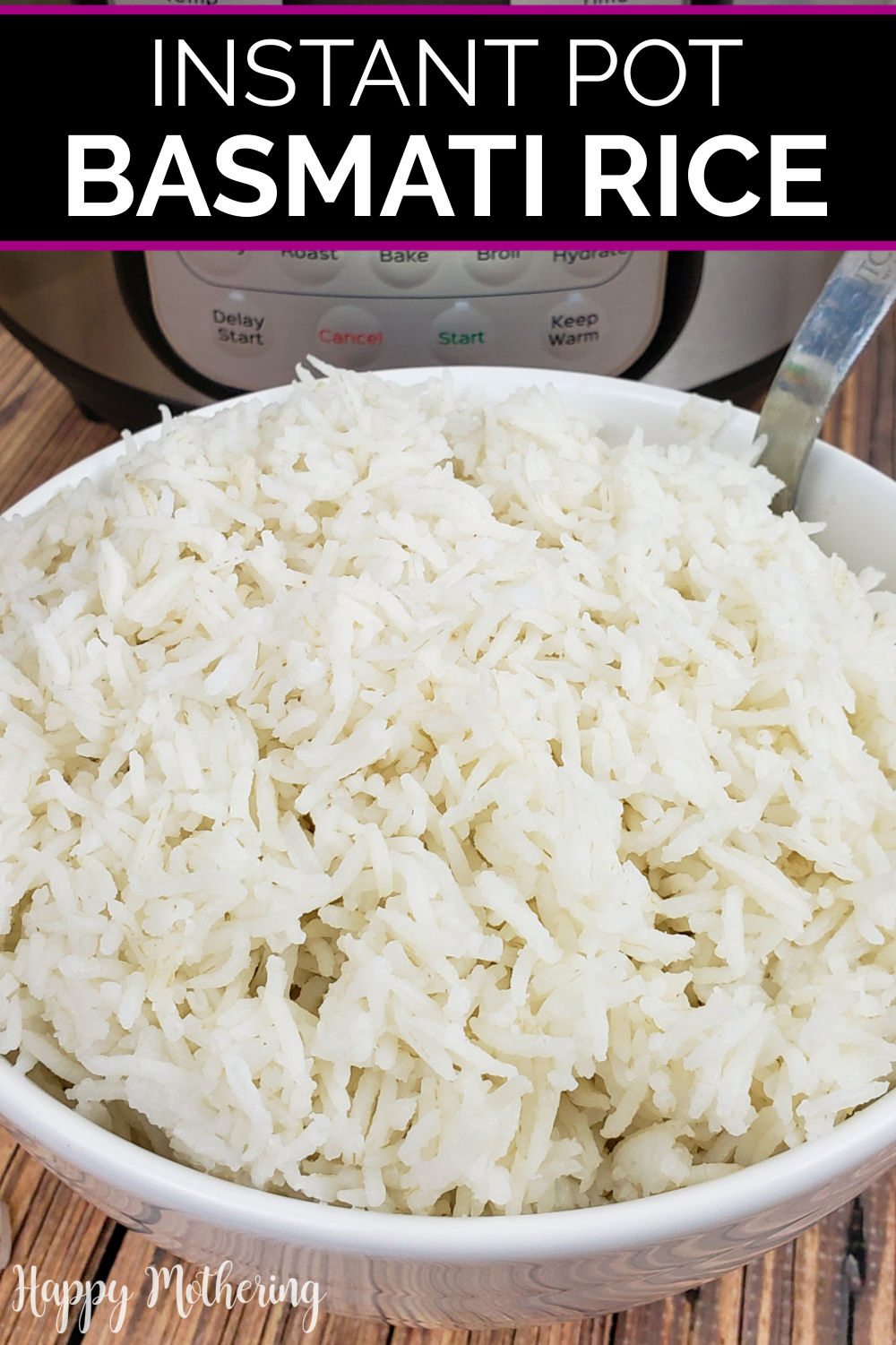 White serving bowl filled with basmati rice with serving spoon in front of Instant Pot.