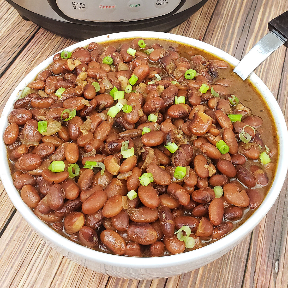 Pinto beans in white serving bowl with serving spoon next to Instant Pot.